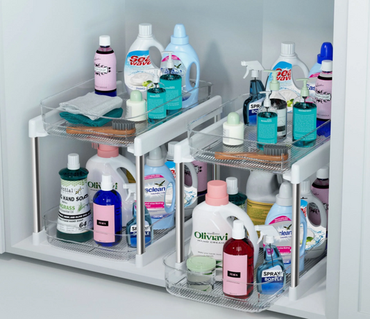 Under Sink Organizers, 2 Tier Bathroom Organizer with Sliding Storage Drawer for Bathroom Storage Kitchen Organization and Storage-Sliver Aluminum Tube