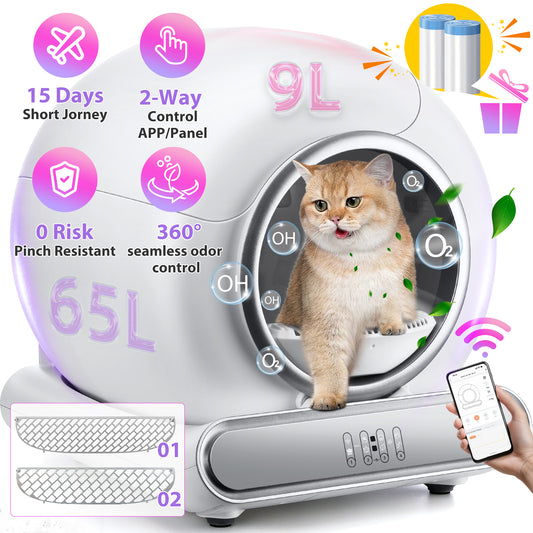 Famistar Automatic Cat Litter Box Self Cleaning, 65+9L Large Litter Box with Liner, Odor Removal, 2.4G WiFi APP Control/Integrated Safety Protection, 2 Sifters Included