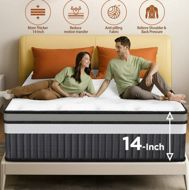 Queen Size Mattress, 14 Inch Hybrid Memory Foam & Pocket Spring Mattress for Motion Isolation & Silent Sleep, Medium Comfort, Pressure Relieving, Breathable & Supportive, CertiPUR-US Certified