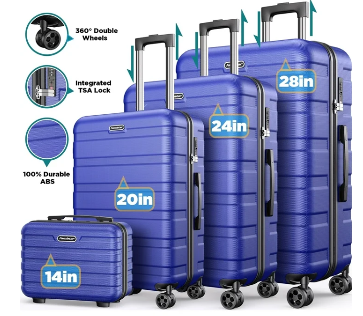 WNANEEZ Luggage 4 Piece Set,Lightweight Carry On Luggage Suitcase Set with TSA Lock & Spinner Wheels Hardside Luggage Set 14in/20in/24in/28in(Black)