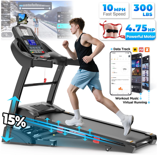 15% Auto Incline Treadmill 5HP, 300LBS Treadmill for Home, Foldable Running Walking Machine w/ APP Control