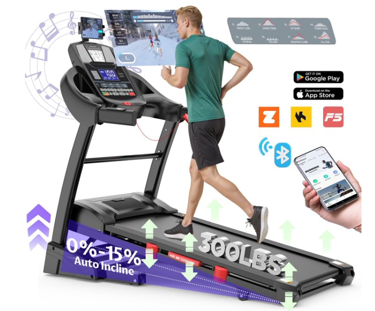 5HP Foldable Treadmill for Home 300LBS Capacity, 15% Auto Incline Treadmill w/ 71 Programs