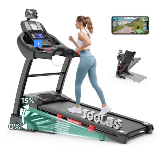 300lbs Capacity Treadmill, Folding Treadmill with 15%Incline, Electric Treadmill with APP Control, 0.6-10MPH, 64+3+3+1Programs, Shock Absorption