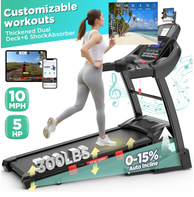 Qvamodo 5HP Foldable Treadmill w/ 300lb Capacity, 15% Auto Incline Treadmill, Smart APP w/ Training Course, 10MPH, 71 Preset Programs - for Home or Office Use, Portable Running and Walking Machine