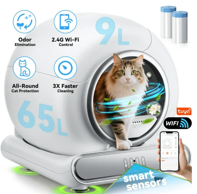 Self Cleaning Cat Litter Box, Automatic Litter Box with Liner, 65+9L Large for Multiple Cats, App Controlled, Odor Removal, Anti-Pinch Design