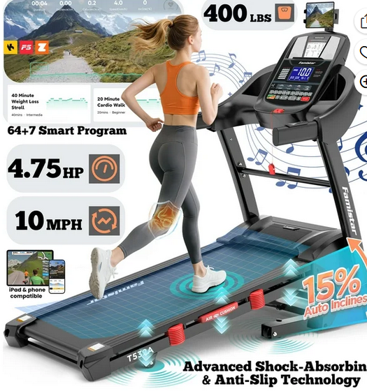 15% Auto Incline Treadmill, 4.95HP Folding treadmill 300-400lb Capacity, 71 Smart Program, 10MPH Fast Speed, APP Control for Personalized Workout, Jogging Walking Home Treadmill w/ HiFi Speakers