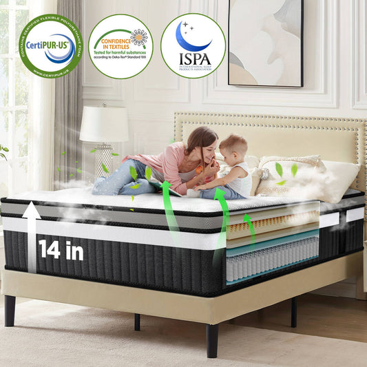 Qvamodo 14 Inch Hybrid King Mattress- Medium Firm King Size Bed in a Box - CertiPUR-US Certified Memory Foam, King Size mattress for Pressure Relief, Cooling Sleep, and Motion Isolation