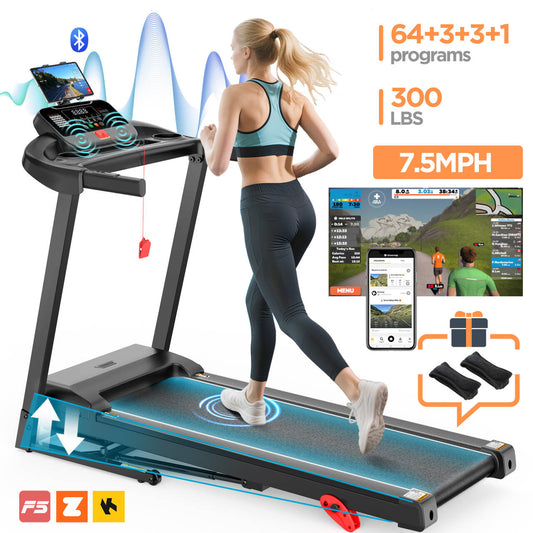 Qvamodo 2.5HP Treadmills for Home,Treadmill 300 LBS Capacity, Foldable Treadmill with 3 Adjustable Incline, 0.6-7.5MPH, 64 Preset Programs, Shock Absorption, APP Control, Save Space
