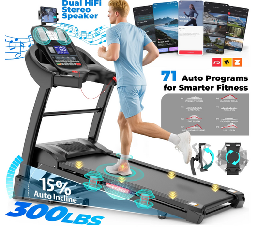 300LBS Capacity Treadmill, 4.75HP Folding Treadmill w/ 15% Auto Incline, 10MPH Portable Treadmill