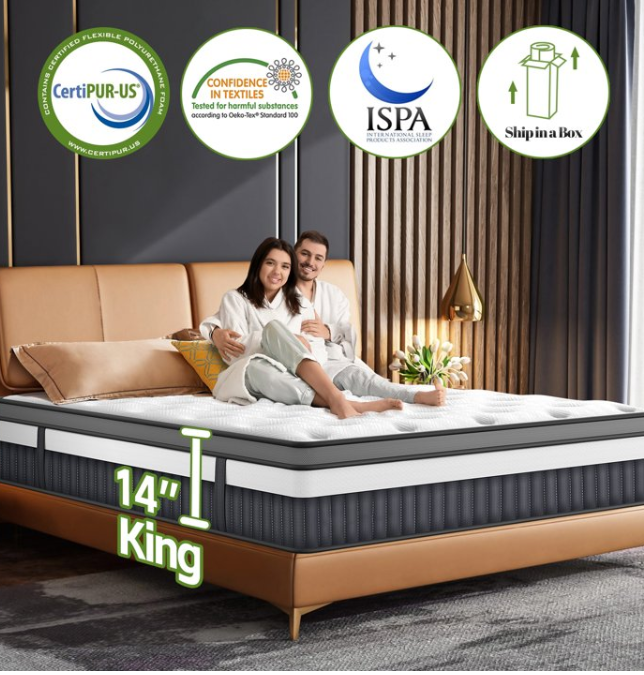 MAJUNES King Mattress Memory Foam, 14 in Mattress in a Box, Medium Firm Hybrid Innerspring Box Spring King Bed Mattress, Motion Isolation, Strong Support & Pressure Relief, CertiPUR-US