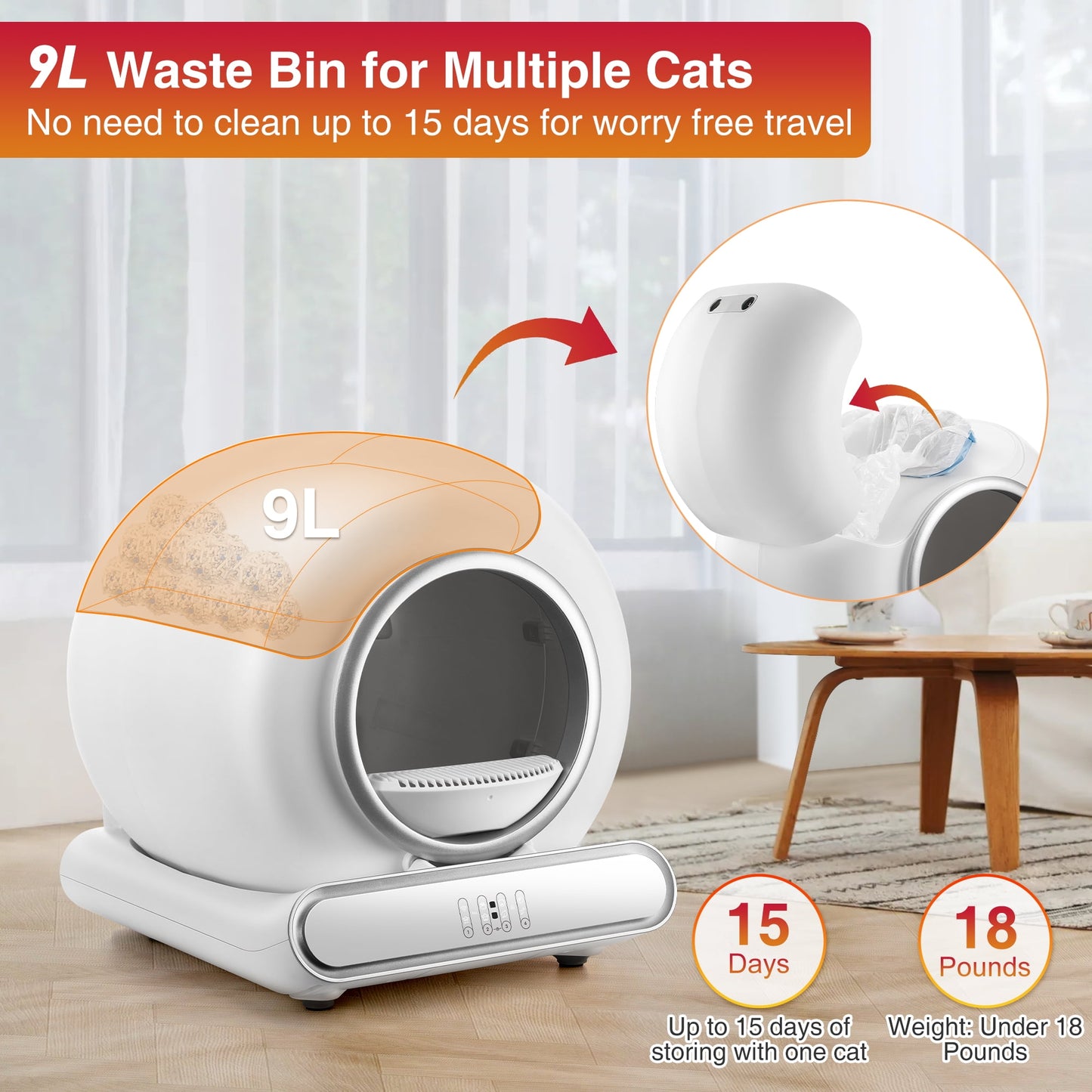Self Cleaning Cat Litter Box w/ Safety Sensors, Automatic Litter Box, 18LB & 65L+9L Large Capacity for Multi-Cat
