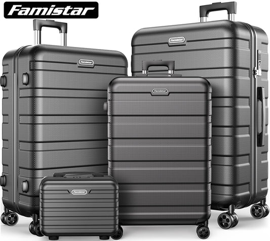Famistar Hardside Luggage Suitcase 4 Piece Set with 360¡ã Double Spinner Wheels Integrated TSA Lock, 14¡± Travel Case, 20" Carry-On Luggage, 24" Checked Luggage and 28" Checked Luggage, Black