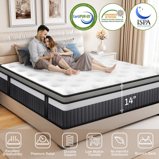 14"King Mattress in a Box, Memory Foam Mattress, Cooling Gel Memory Foam Mattress with Motion Isolation, Pressure Relief, Medium Firm, CertiPUR-US Certified, White