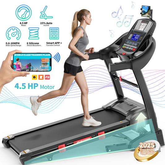 FaayFian Treadmill for Home with App Control, Treadmill with 15% Incline, 4.5HP Fold Treadmill 300lbs Capacity, 10MPH Speed, Shock Absorption, Free Fit Course, Home&Office