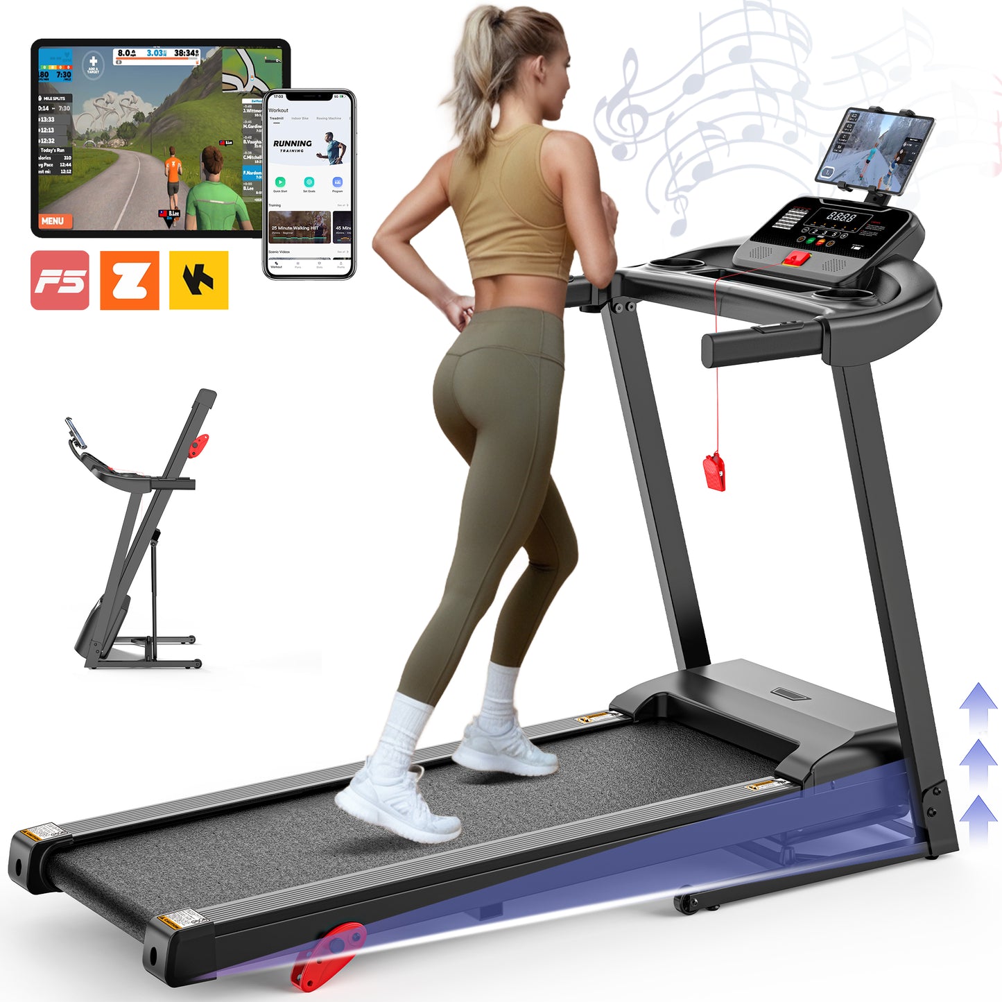 2.75HP Folding Treadmill with 3-Level Adjustable Incline, 7.5mph Speed Running Machine,Treadmill 300 lb Capacity, Silent Brushless Motor, 64 Preset Training Program Electric Treadmills for Home Use