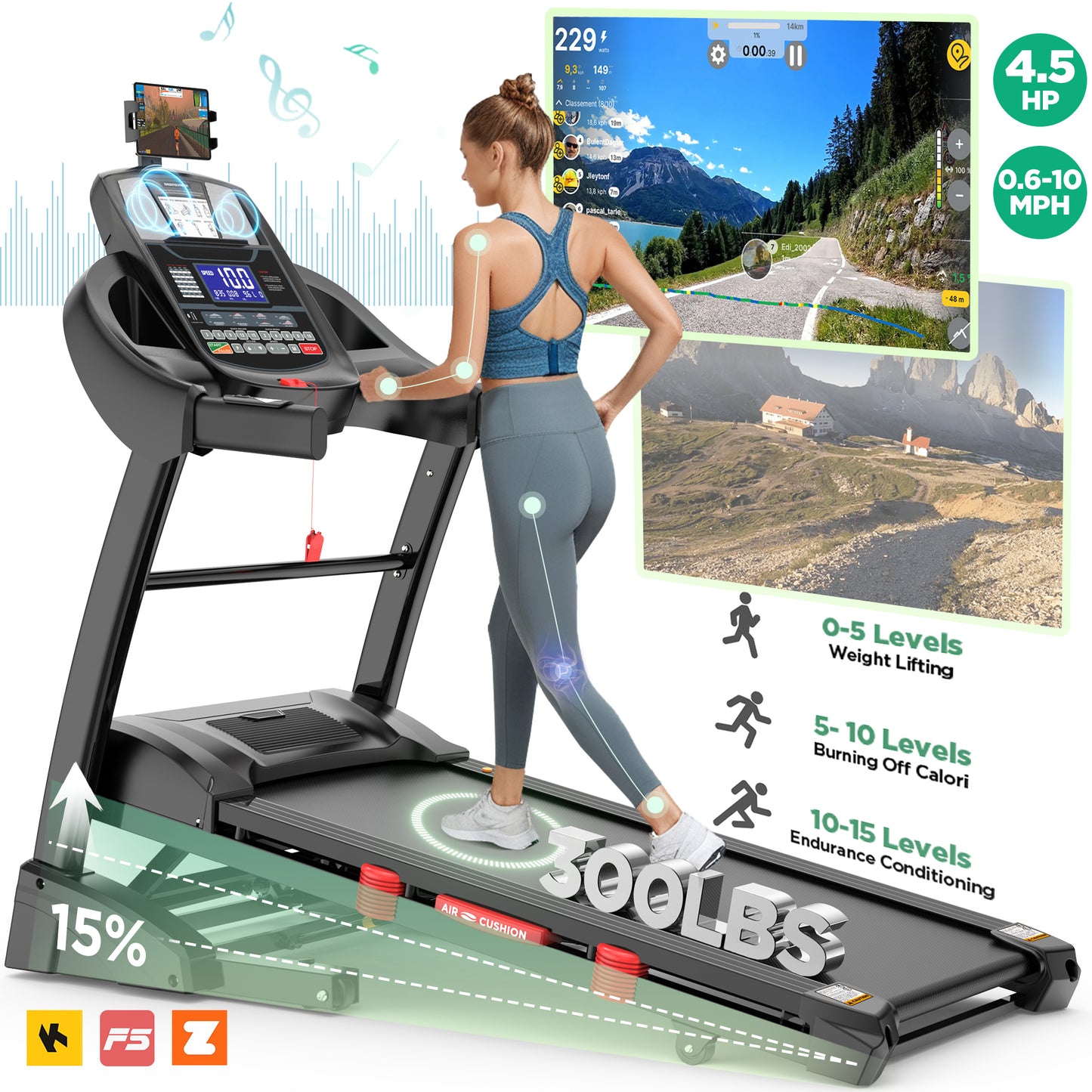 Folding Treadmill for Home with 15 Levels Auto Incline,4.5HP Portable Treadmill 300 lbs with 64 Programs,10MPH,APP, Bluetooth, Shock Absorption Deck