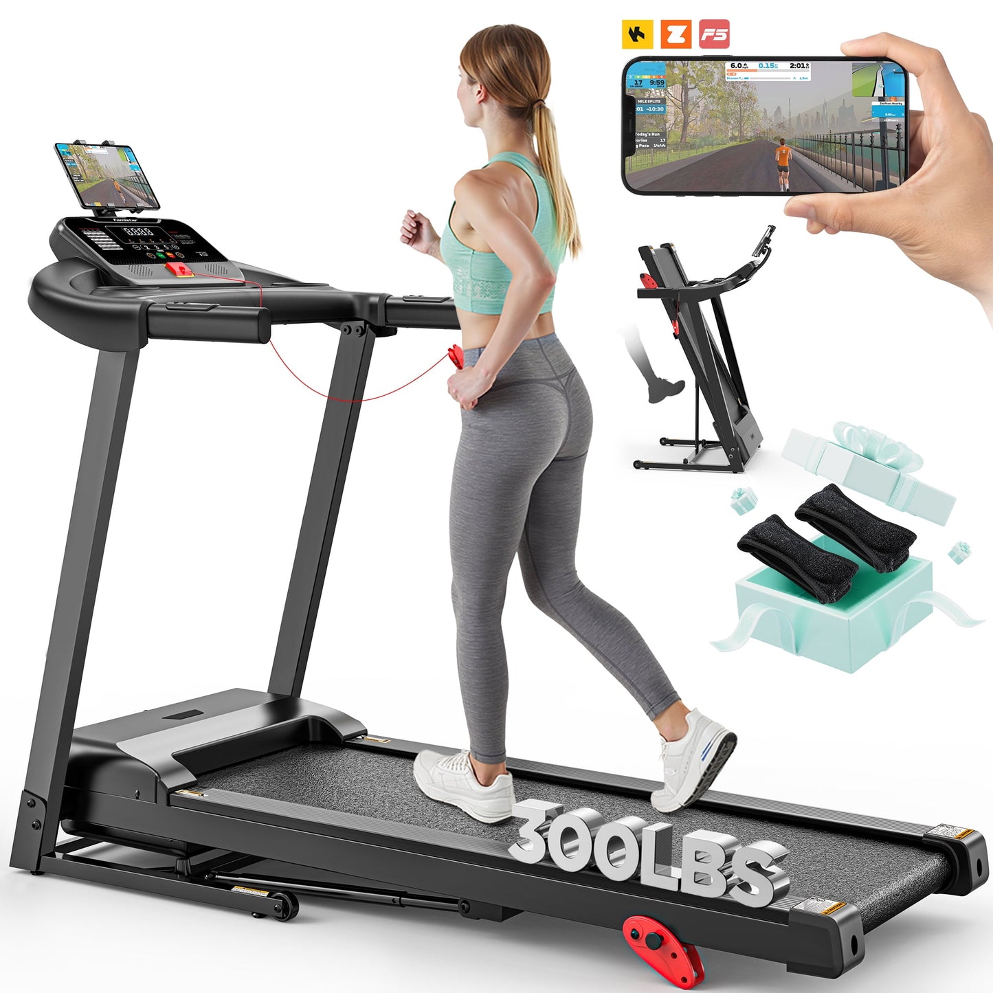 300LBS Capacity Folding Treadmill w/ Incline for Home, 2.75HP Portable Treadmill