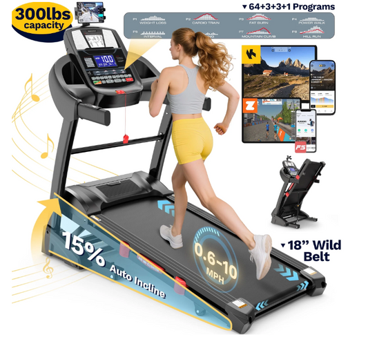 Campmoy Treadmill with 15% Incline 300 lbs Capacity, 4.7HP Folding Treadmill for Home, Wild Shock Absorption Belt Treadmill, 0.6-10MPH, APP Control, 64+3+3+1 Program