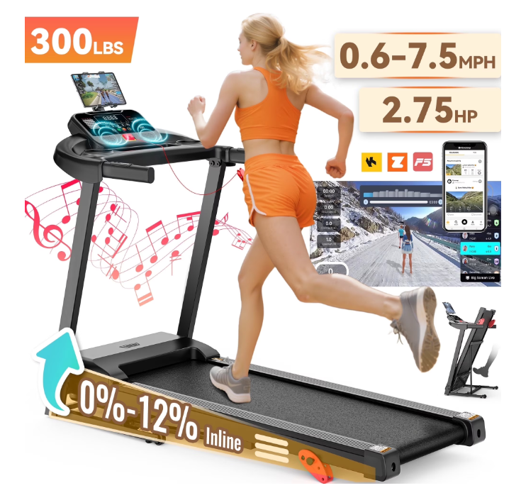 FaayFian Folding Treadmill for Home, Treadmill with 300lbs Capacity, Treadmill with incline, 0.6-7.5MPH, 2.5HP, 64+3+3+1 Program