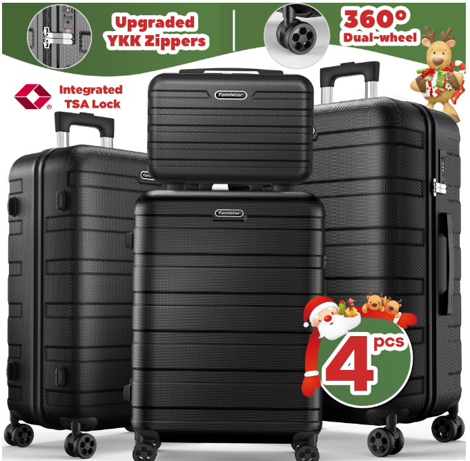 ODYAAZ Luggage Sets Expandable Lightweight Suitcases with Wheels ABS Durable Travel Checked Luggage TSA Lock Black 4pcs