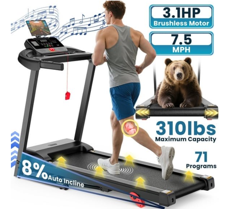 Treadmill for Home, 2.5HP Folding Treadmill 300LBS Capacity, Incline Treadmill with 3 Slopes, 7.5MPH, 64 Preset Programs, Shock Absorption, APP Control