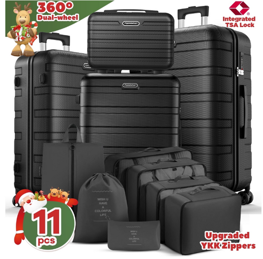ODYAAZ 11Pcs Luggage Set, Hardside Suitcase w/ Spinner Wheels&TSA Lock, 14” Travel Case, 20” Carry on Luggage, 24”/ 28” Checked Luggage, Packing Cubes, Lightweight Luggage Set, Black