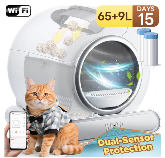 Self Cleaning Cat Litter Box w/ Safety Sensors, Automatic Litter Box, 18LB & 65L+9L Large Capacity for Multi-Cat