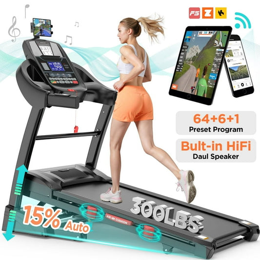 4.75HP Folding Treadmill w/ 300lb Capacity, 15% Auto Incline, Treadmill for Home or Office