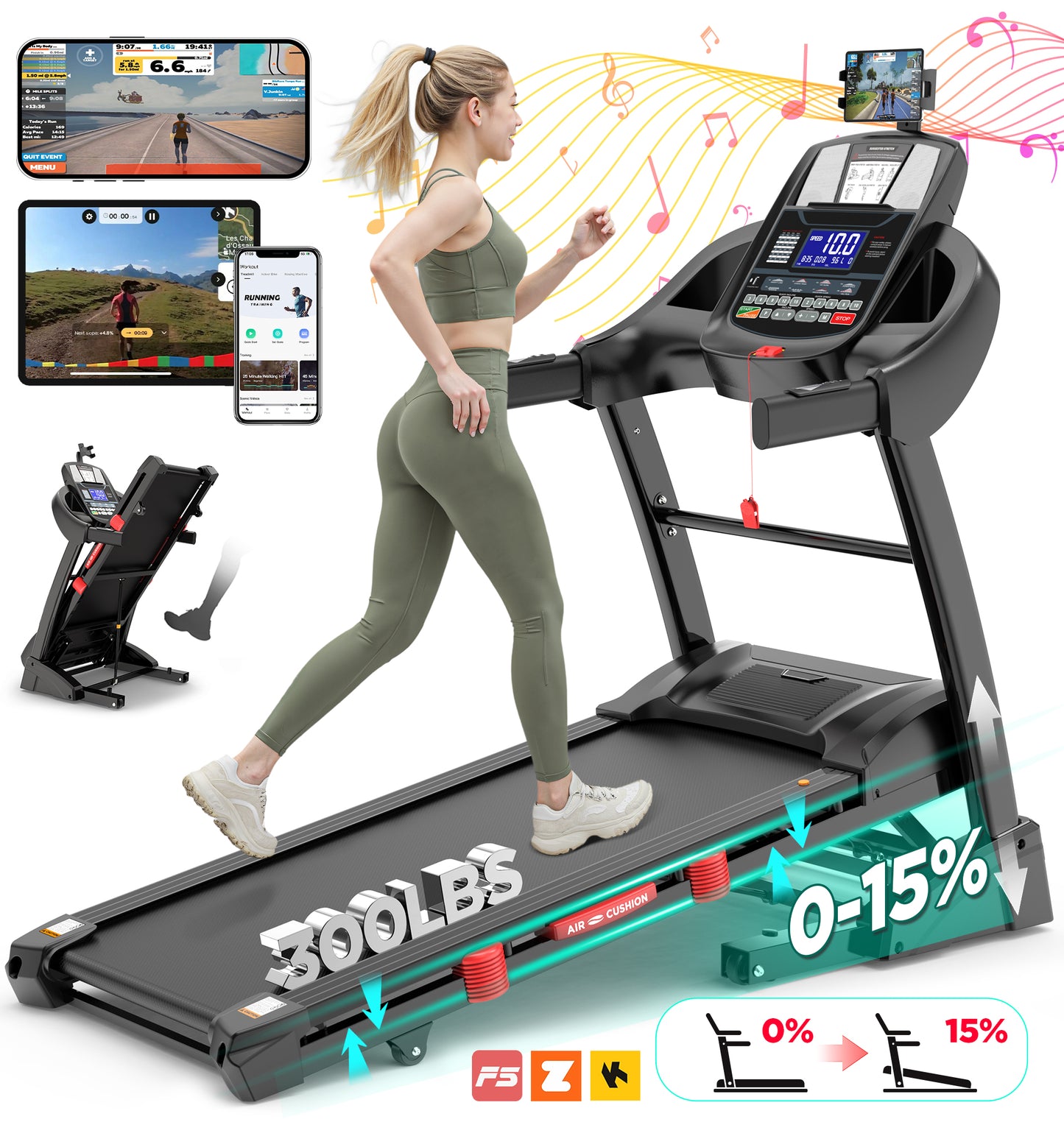 Qvamodo Treadmill with 15% Auto Incline for Home, Treadmill with 300lbs Capacity, Folding Treadmill with 18’’ Wide Belt, 4.5HP Brushless Motor, APP Control, 0.6-10MPH, 64Preprogram