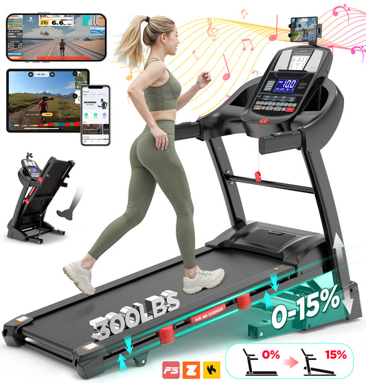 Qvamodo Treadmill with 15% Auto Incline for Home, Treadmill with 300lbs Capacity, Folding Treadmill with 18’’ Wide Belt, 4.5HP Brushless Motor, APP Control, 0.6-10MPH, 64Preprogram