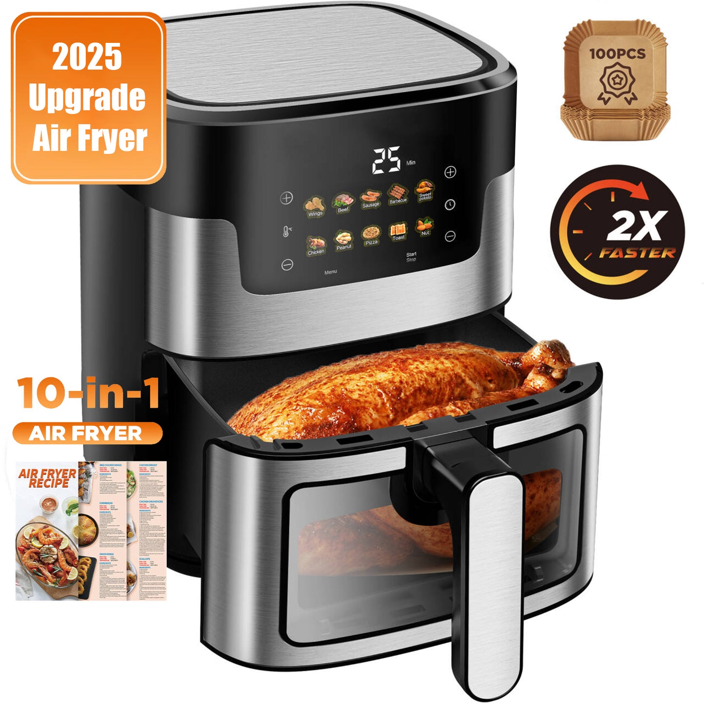 7.5QT Air Fryer Oven, 10 in 1 Oil-Less Air Fryer Toaster Oven, Dishwasher-Safe, 100Pcs Liner