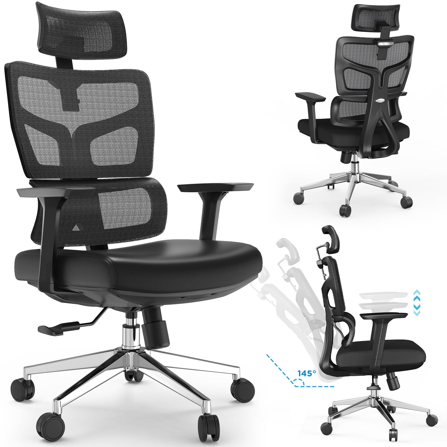 Ergonomic Office Chair, Computer Desk Chair Double Back with Max. 145 Reclining, 3D Self-adpative Lumbar Support, Headrest and Armrests Adjustable, 360 Mesh Swivel Chair for Home Office