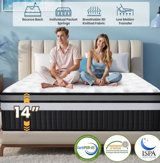 14" Gel Memory Foam Hybrid Mattress, King Mattress in a Box, , Breathable Fabric, Motion Isolation, and Pressure Relief, CertiPUR-US Certified, Medium Firm