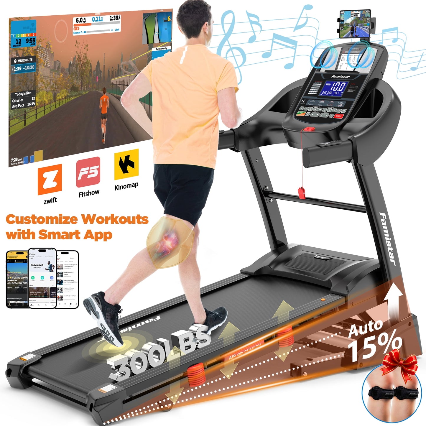 5.0HP 300LB Capacity Treadmill for Home, Foldable Treadmill w/ 15% Auto Incline