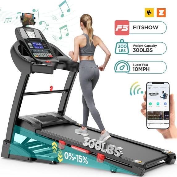 5.0HP Folding Treadmills 300 lbs Capacity, Treadmills for Home Use with 15% Incline, 10MPH Treadmill with APP Control, 71 Programs, Adjustable iPad Holder, Knee Strap Gift