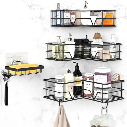 Campmoy 6 Pack Shower Caddy, Strong Adhesive Shower Organizer Shelf with Hooks. Rustproof Wall-Mounted Shower Shelves for Kitchen, Dorm and Bathroom Organizer. No Drilling (Black)