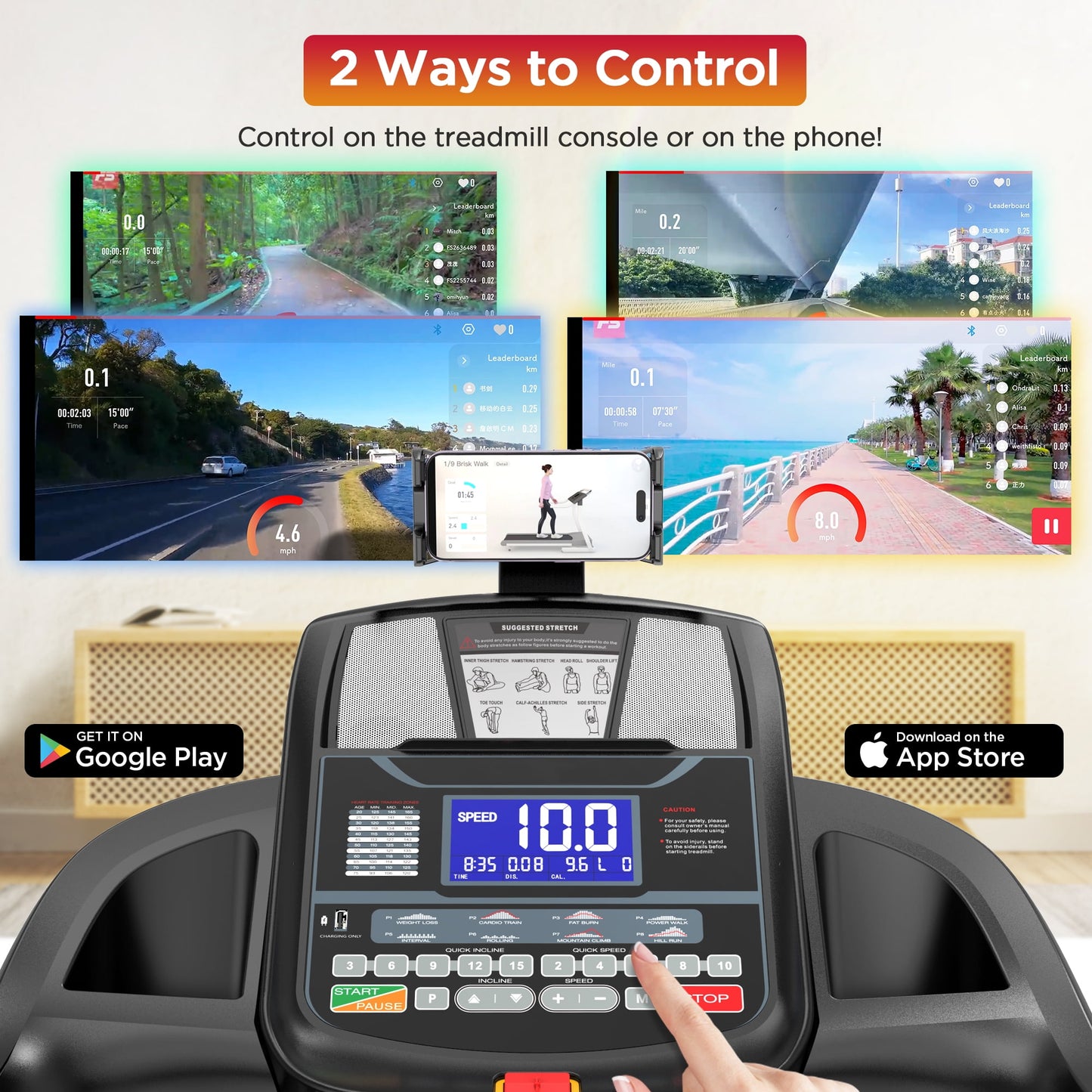 Qvamodo 5HP Folding Treadmill w/ 15% Auto Incline for Home with 300LB Capacity, Walking Jogging Treadmill