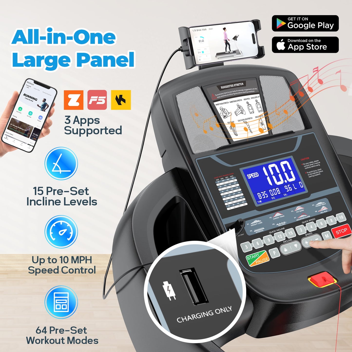 FaayFian 5.0 HP Folding Treadmill with 15-Level Adjustable Incline, 10mph Speed Running Machine,Treadmill 300 lb Capacity, Silent Brushless Motor,71 Preset Training Program Electric Treadmills for Home Use