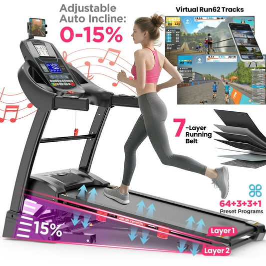 Famistar 5HP Foldable Treadmill w/ 15% Auto Incline, 400LB Treadmill for Home Jogging Walking, Personalized App Control