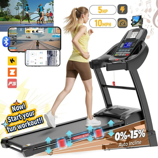 5HP Folding Treadmill with 300lb Capacity, Portable Treadmill with 15-Level Auto Incline, 64+7 Preset Programs