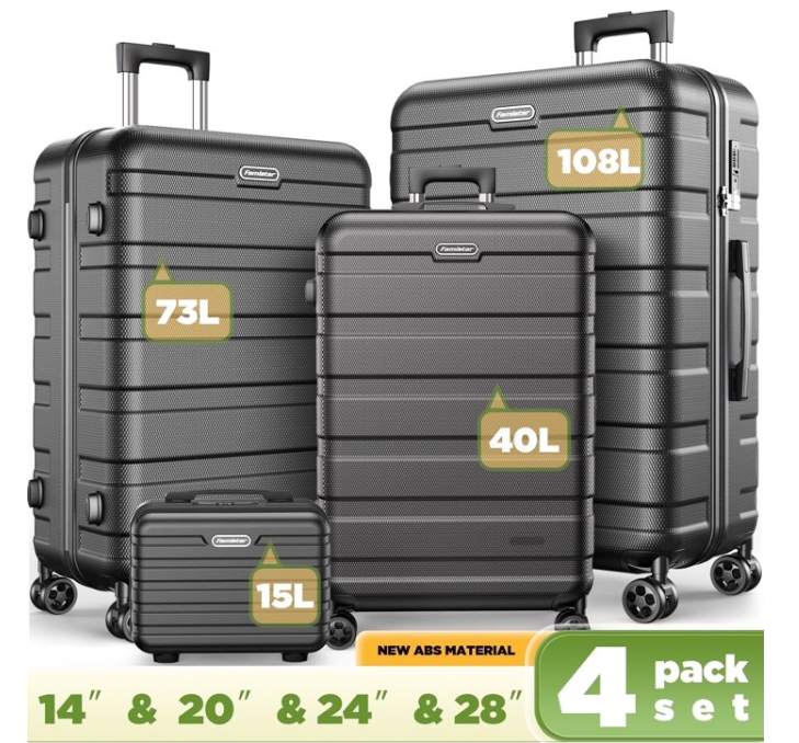 WNANEEZ 4 Pcs Hardside Luggage Sets, Lightweight Suitcase with Spinner Wheels,TSA Lock,14” Travel Case, 20" Carry-On Luggage, 24", 28" Checked Luggage, Black