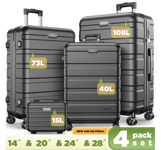 WNANEEZ 4 Pcs Hardside Luggage Sets, Lightweight Suitcase with Spinner Wheels,TSA Lock,14” Travel Case, 20" Carry-On Luggage, 24", 28" Checked Luggage, Black