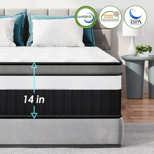 Qvamodo 14" Queen Size Mattress, Medium Firm Memory Foam Spring Hybrid Mattress In A Box,Motion Isolation,Cool Sleep,Pressure Relief,Easy Shipping Compressed Mattress, CertiPUR-US Certified