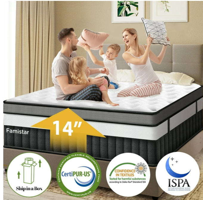 Queen Size Mattress, Famistar 14 Inch Memory Foam Mattress in a Box, Individual Innerspring hybrid Queen Bed Mattress, Medium Firm, CertiPUR-US Certified