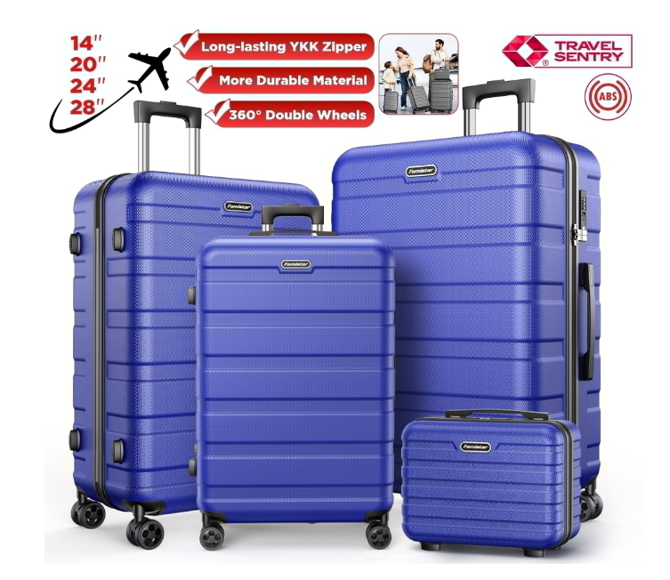 MAJUNES 4 Pcs Luggage Sets, ABS Hardshell Suitcase w/ Dual 360° Spinner Wheels & TSA Lock, Lightweight Durable Hardside Carry on Luggage for Travel, Deep Blue