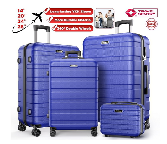 MAJUNES 4 Pcs Luggage Sets, ABS Hardshell Suitcase w/ Dual 360° Spinner Wheels & TSA Lock, Lightweight Durable Hardside Carry on Luggage for Travel, Deep Blue