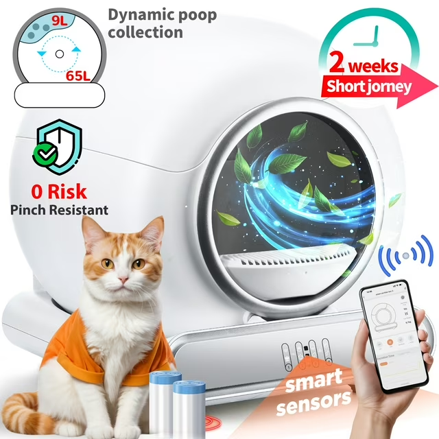 FaayFian Self Cleaning Cat Litter Box, Extra Large Automatic Litter Box for Multiple Cats, 65L+9L, APP Control, 2 Rolls Trash Bags, White