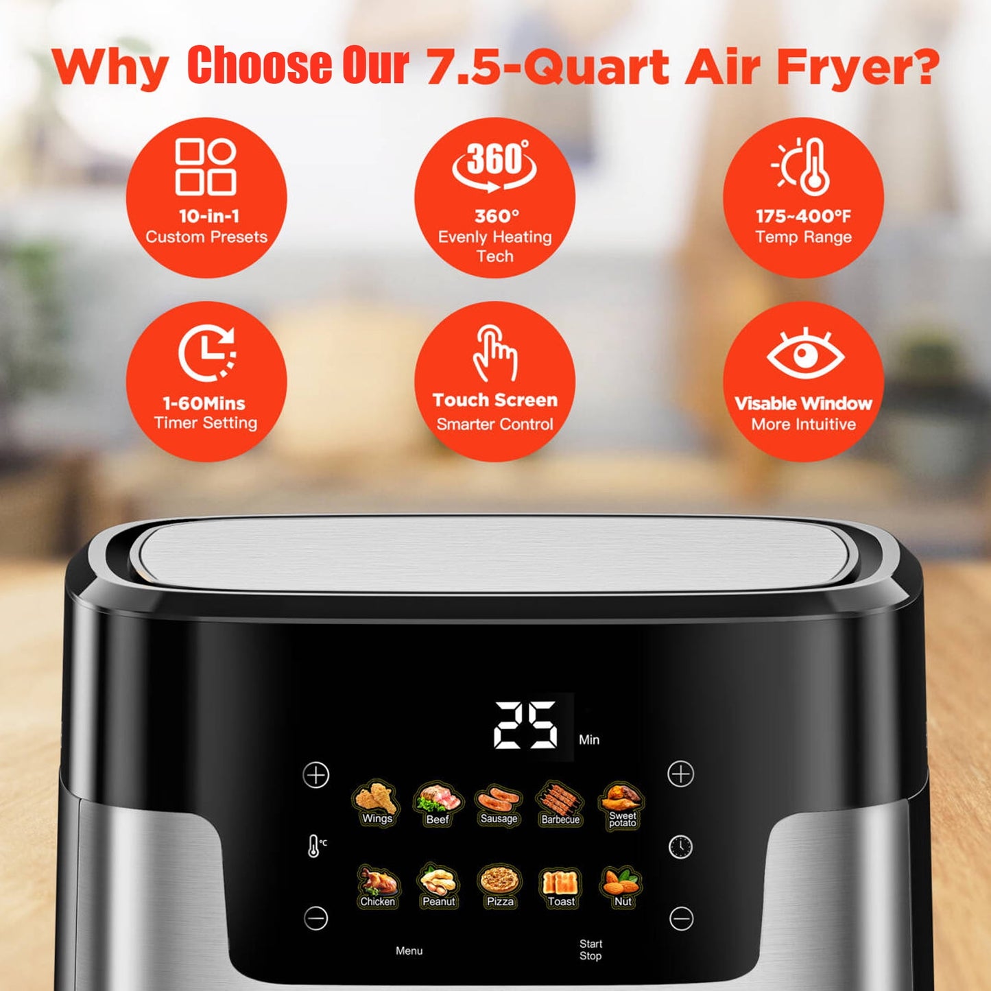 Qvamodo Air Fryer 7.5 QT Large Capacity, 10 in 1 Multifunctional Air Fryer Oven, 10 Preset Cookings, 95% Less Oil, Digital LED Touch Screen, 100Pcs Liner