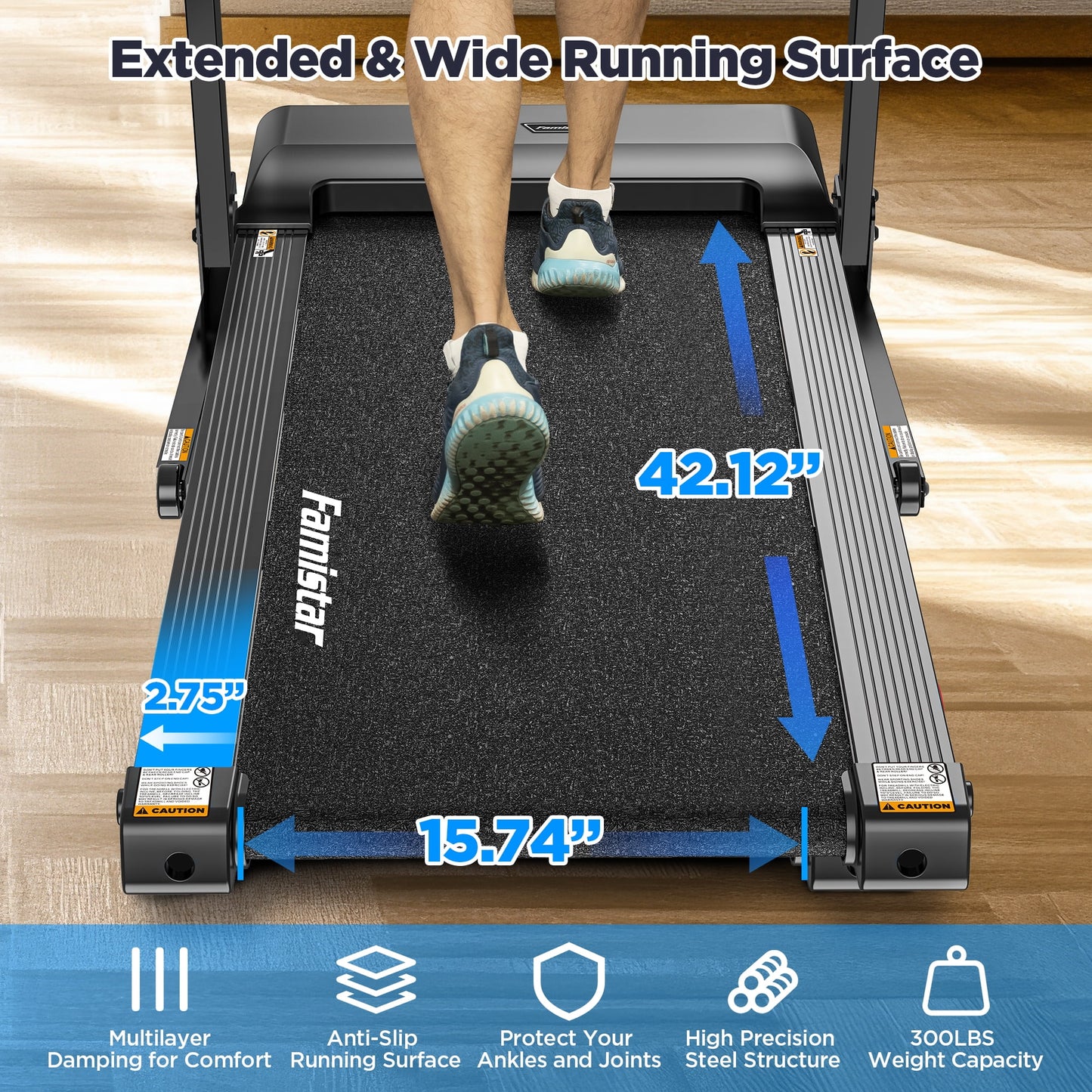 2.75HP Folding Treadmill with 300lb Capacity, 3 Adjustable Incline, 64+6+1 Program, Smart APP Connection