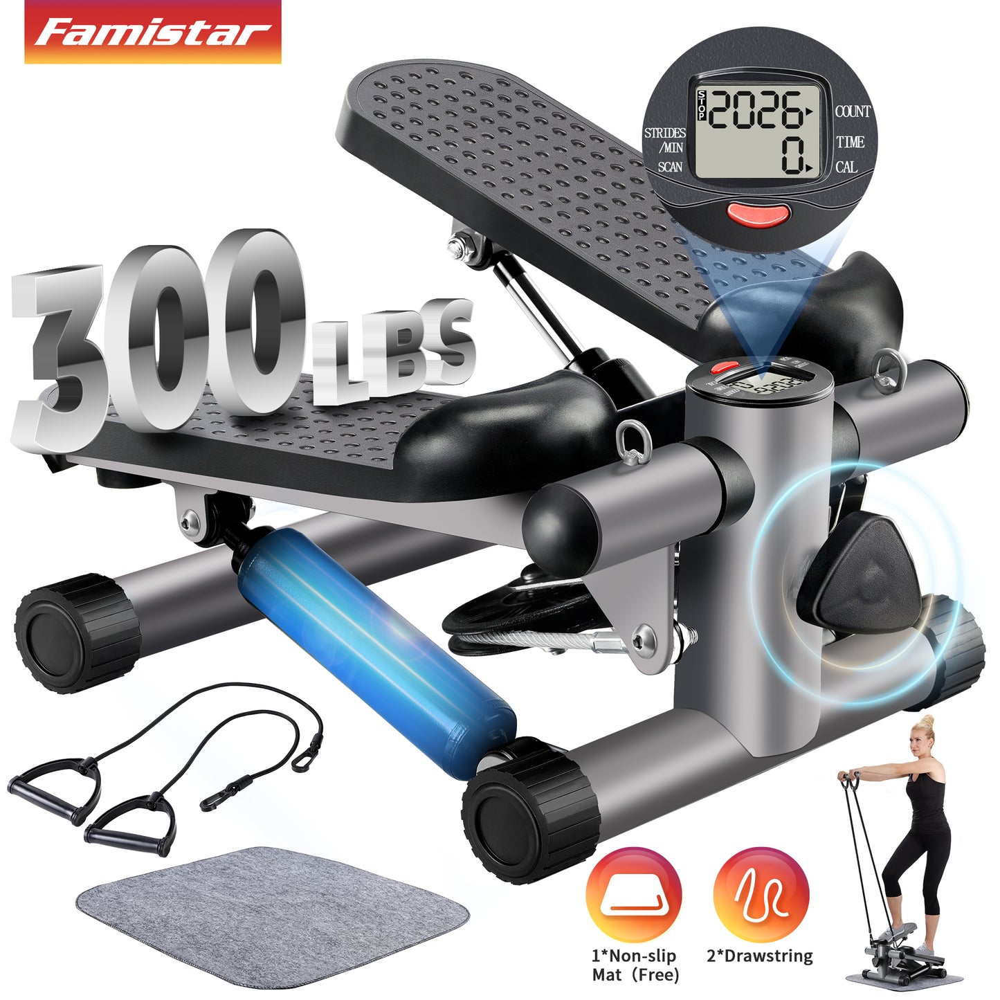 Famistar Mini Stair Steppers Machine for Exercise at Home with Resistance Bands, 300LB Capacity, LCD Display, Adjustable Stride, Dual Hydraulic Design, Free Non-Slip Mat Gift